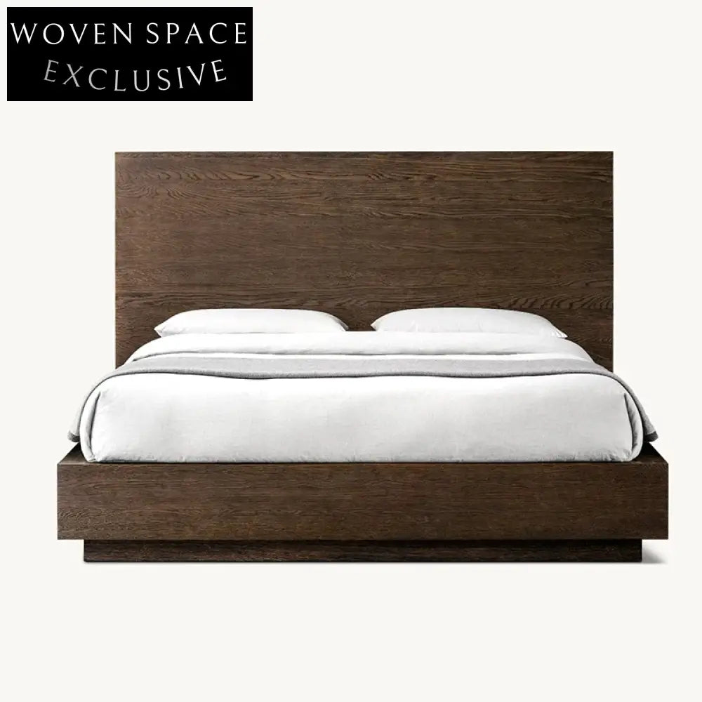 Modern Queen Size Solid Oak Wood Bed Frame, Rustic High Headboard, Minimalist Design
