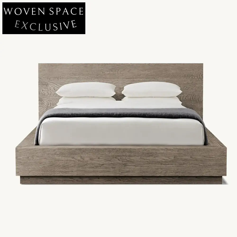 Modern Queen Size Solid Oak Wood Bed Frame, Rustic High Headboard, Minimalist Design