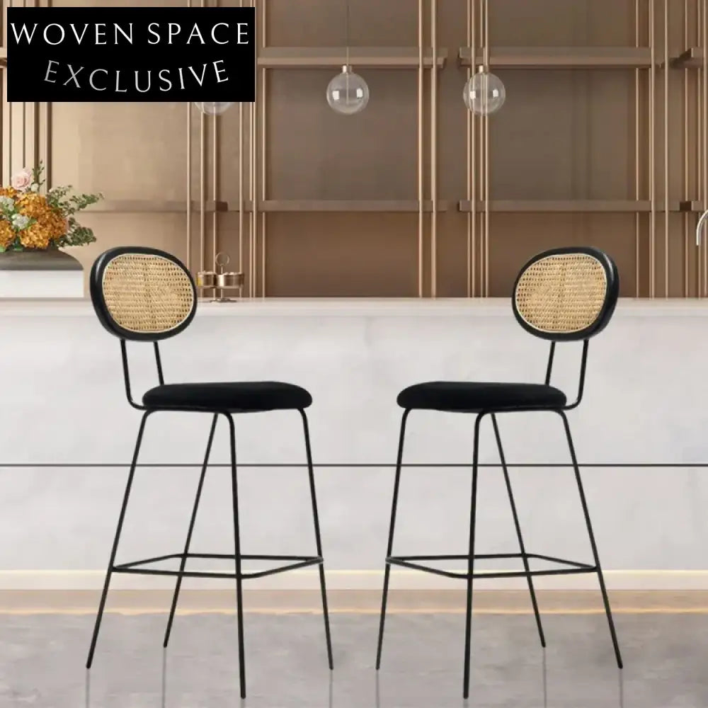 Modern Rattan Back Bar Stool with Metal Base and Fabric Cushion