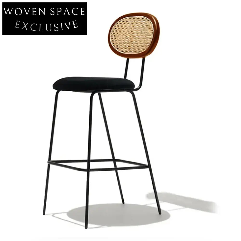Modern Rattan Back Bar Stool with Metal Base and Fabric Cushion