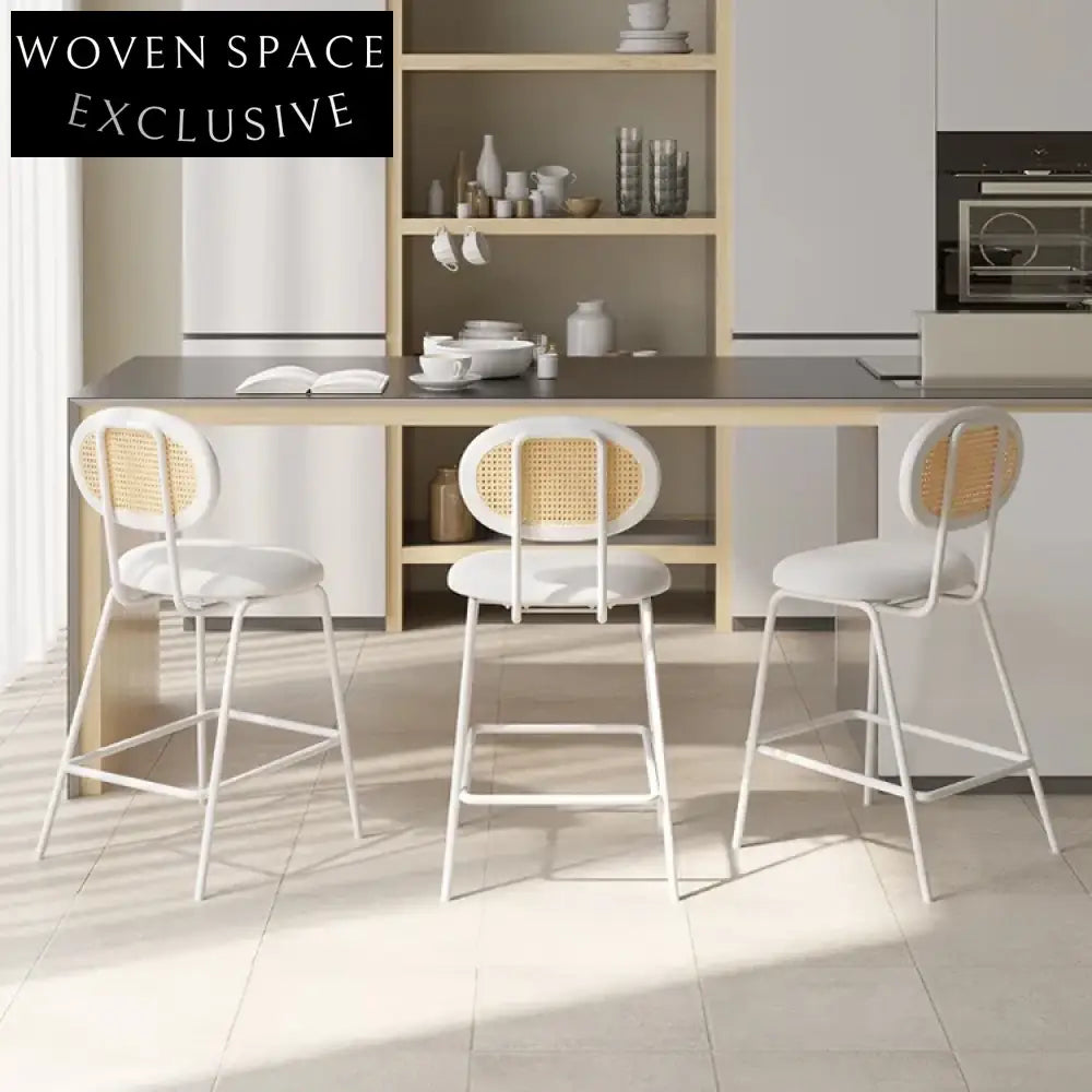 Modern Rattan Back Bar Stool with Metal Base and Fabric Cushion