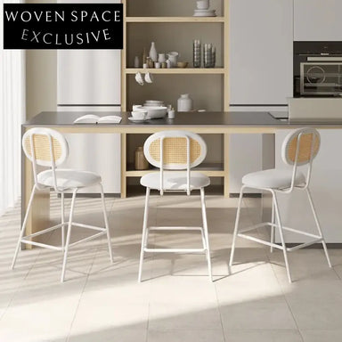 Modern Rattan Back Bar Stool with Metal Base and Fabric Cushion