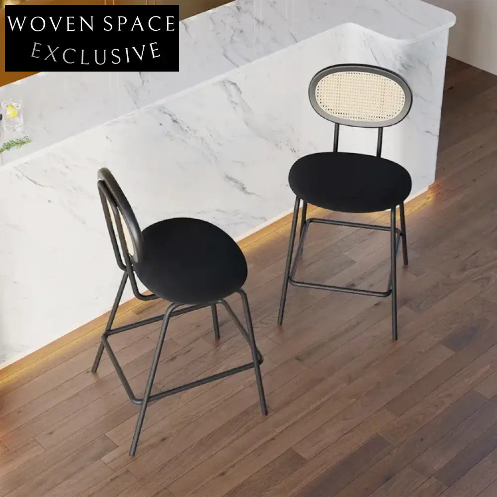 Modern Rattan Back Bar Stool with Metal Base and Fabric Cushion