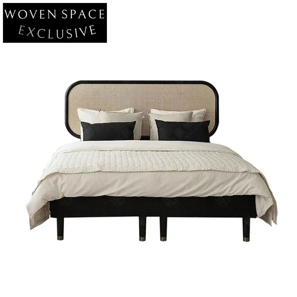 Modern Rattan King Size Bed, Solid Wood Frame, Elegant Bedroom Furniture Piece