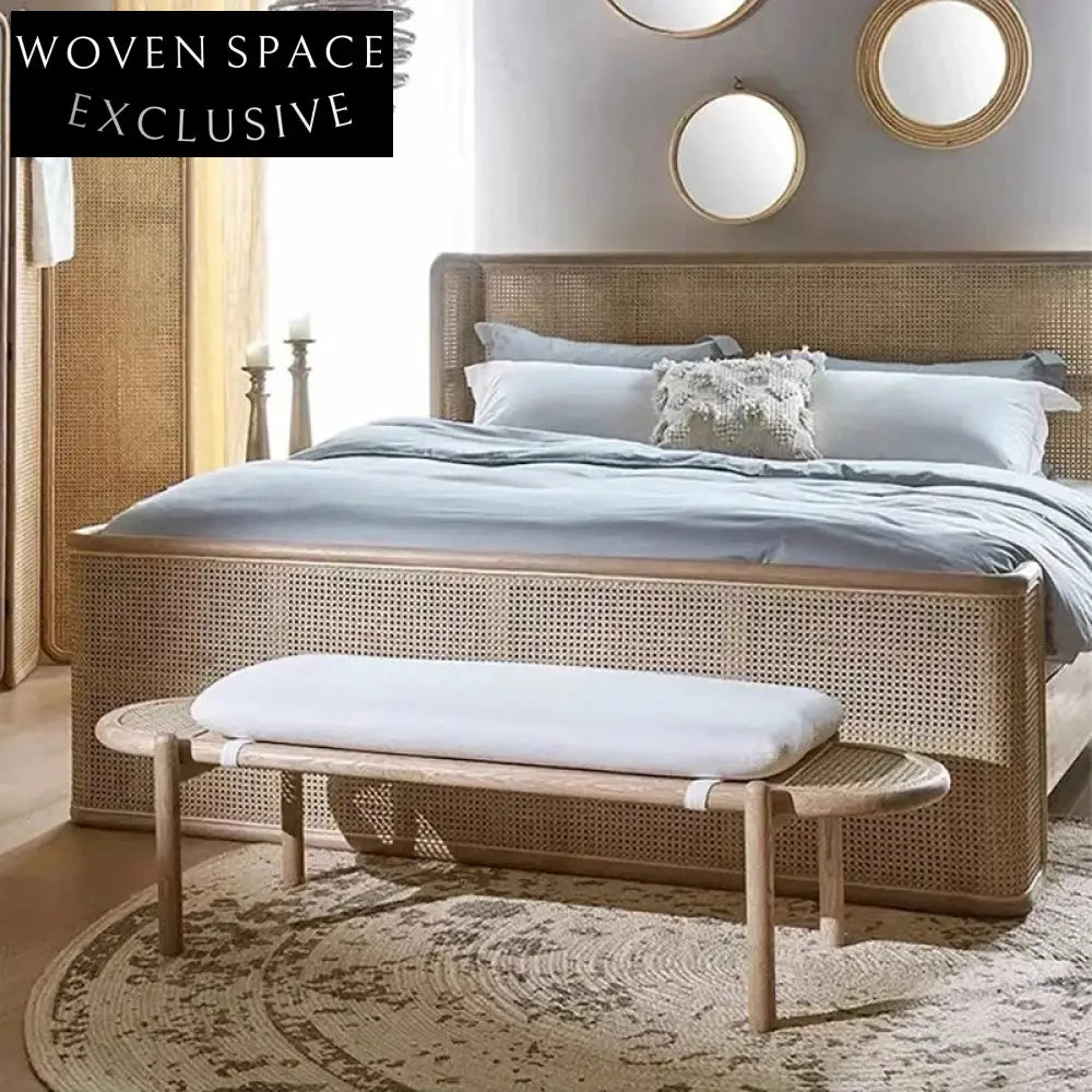 Modern Rattan Solid Wood Entryway Bench, Bedroom End Stool, Living Room Chair