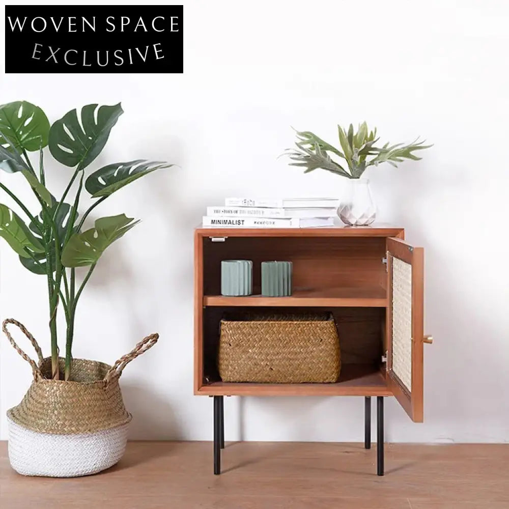 Modern Rattan Solid Wood Living Room Storage Cabinet Locker Side Sofa Organizer