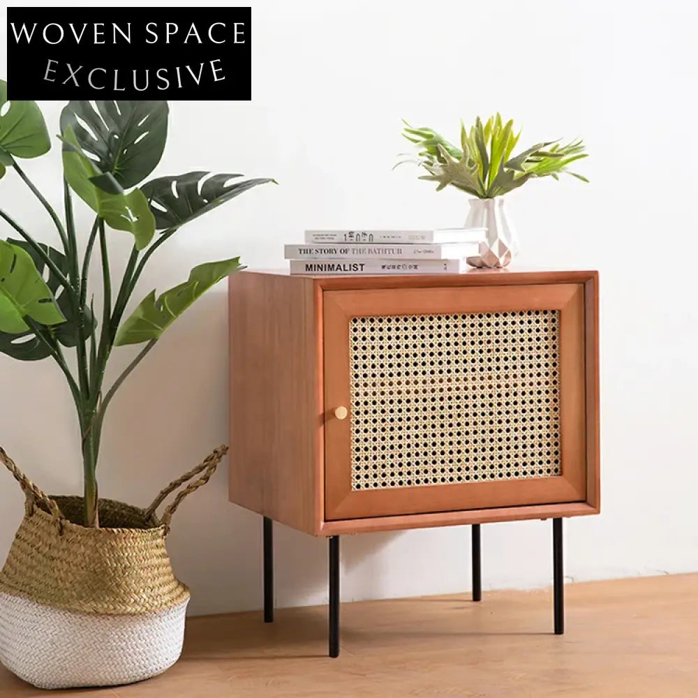 Modern Rattan Solid Wood Living Room Storage Cabinet Locker Side Sofa Organizer