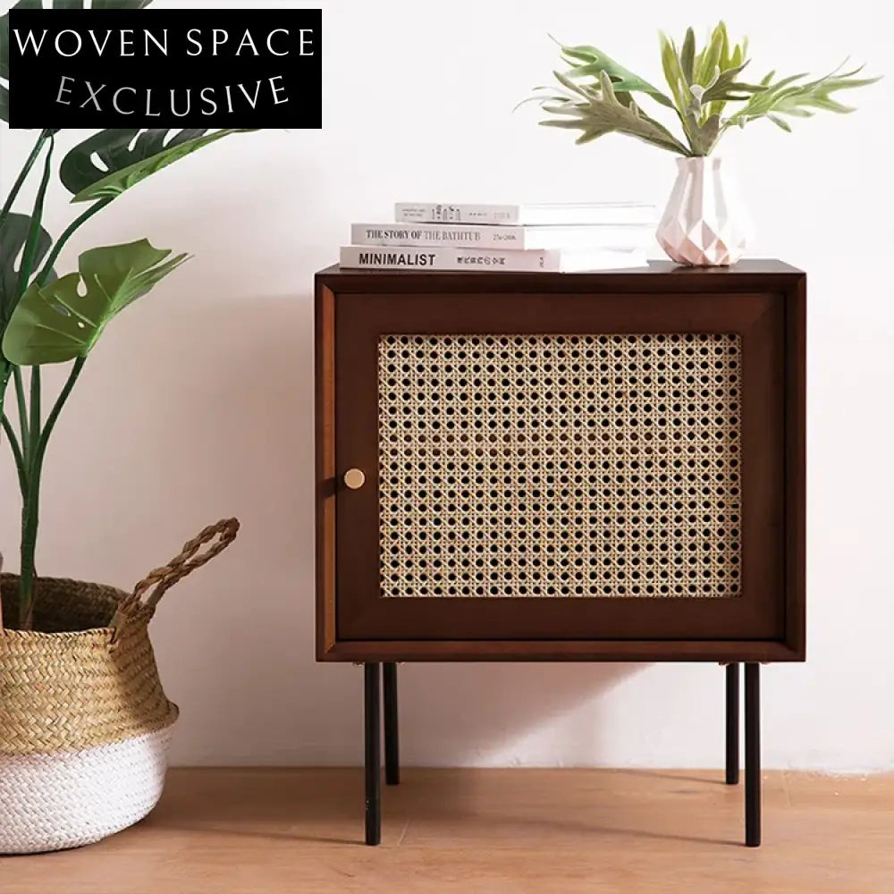 Modern Rattan Solid Wood Living Room Storage Cabinet Locker Side Sofa Organizer