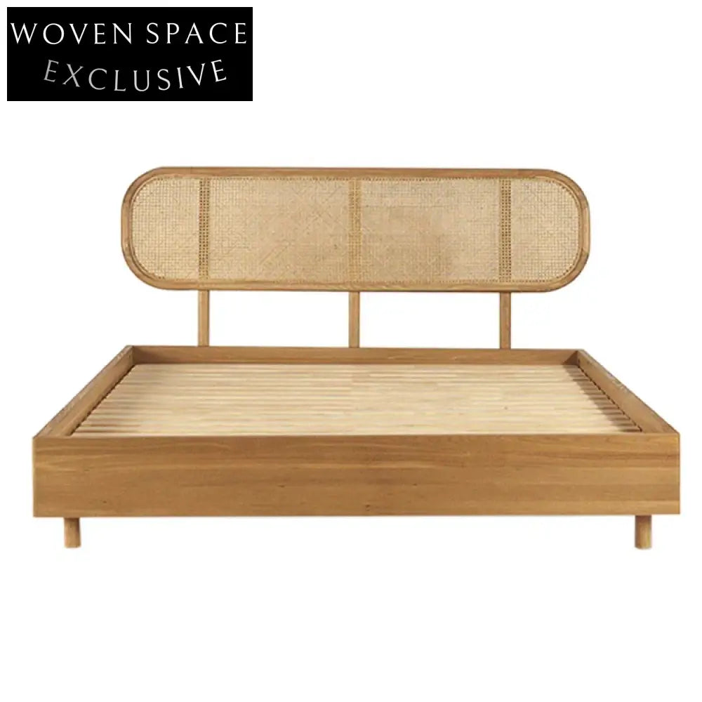 Modern Rattan Wood Frame King Size Bed for Apartment Bedroom Furniture