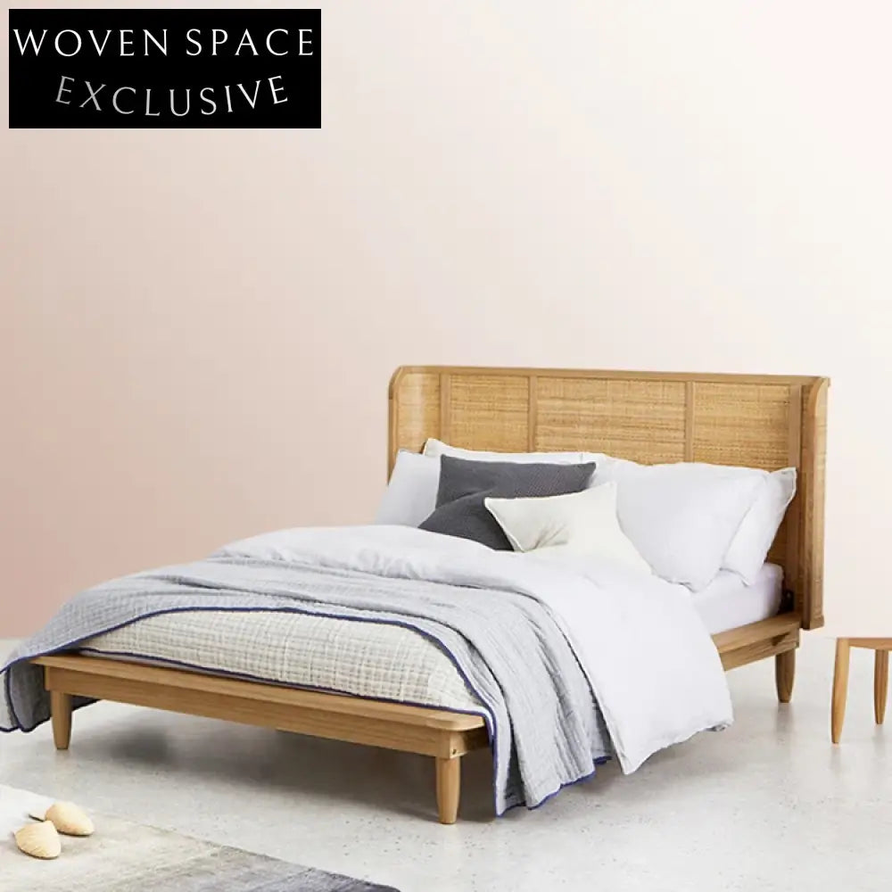 Modern Rattan Wood Frame King Size Bed for Apartment Bedroom Furniture