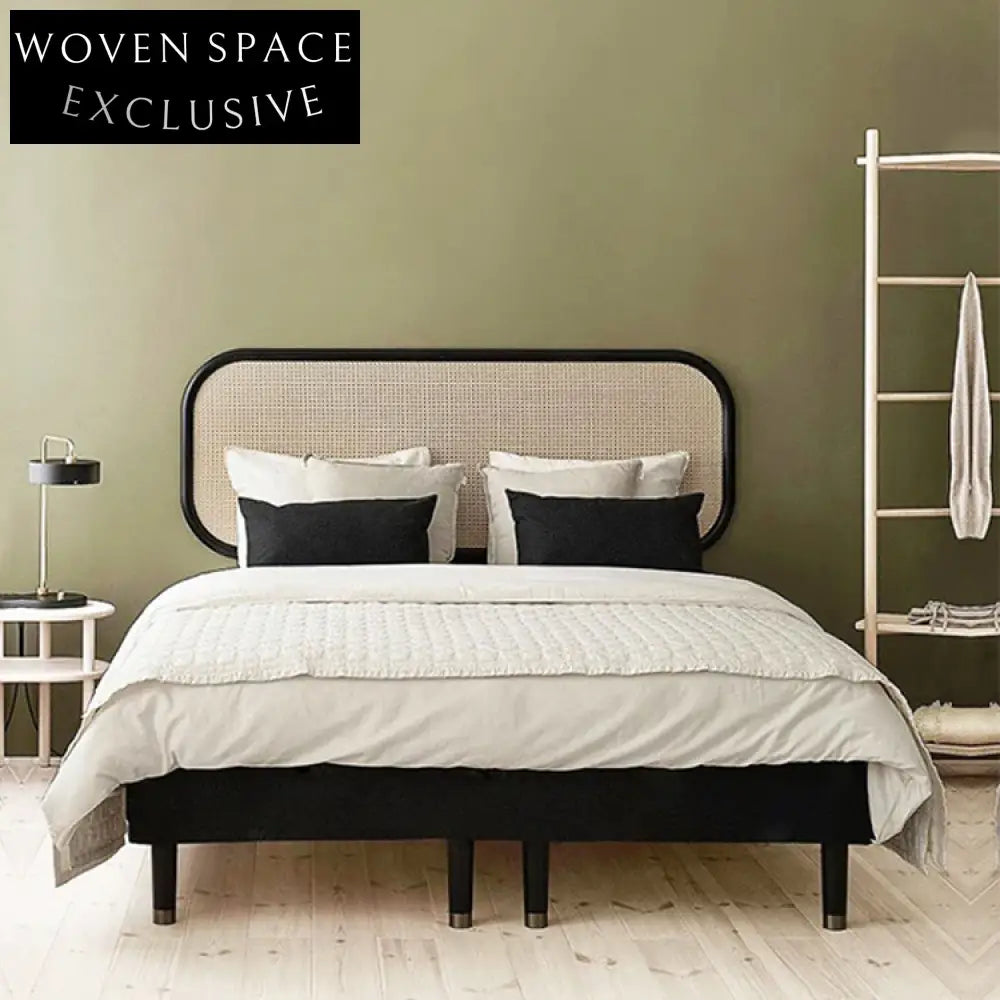 Modern Rattan Wood Frame King Size Bed for Apartment Bedroom Furniture