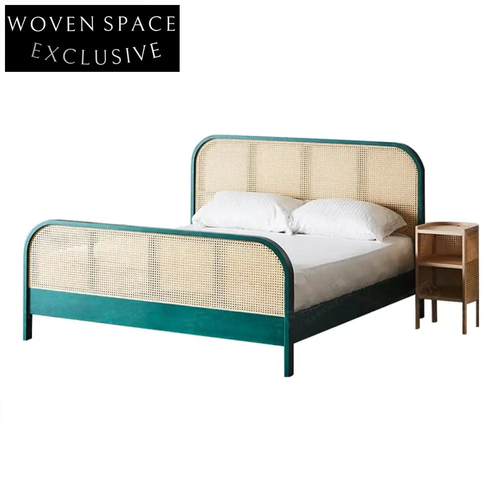 Modern Rattan Wood Frame King Size Bed for Apartment Bedroom Furniture