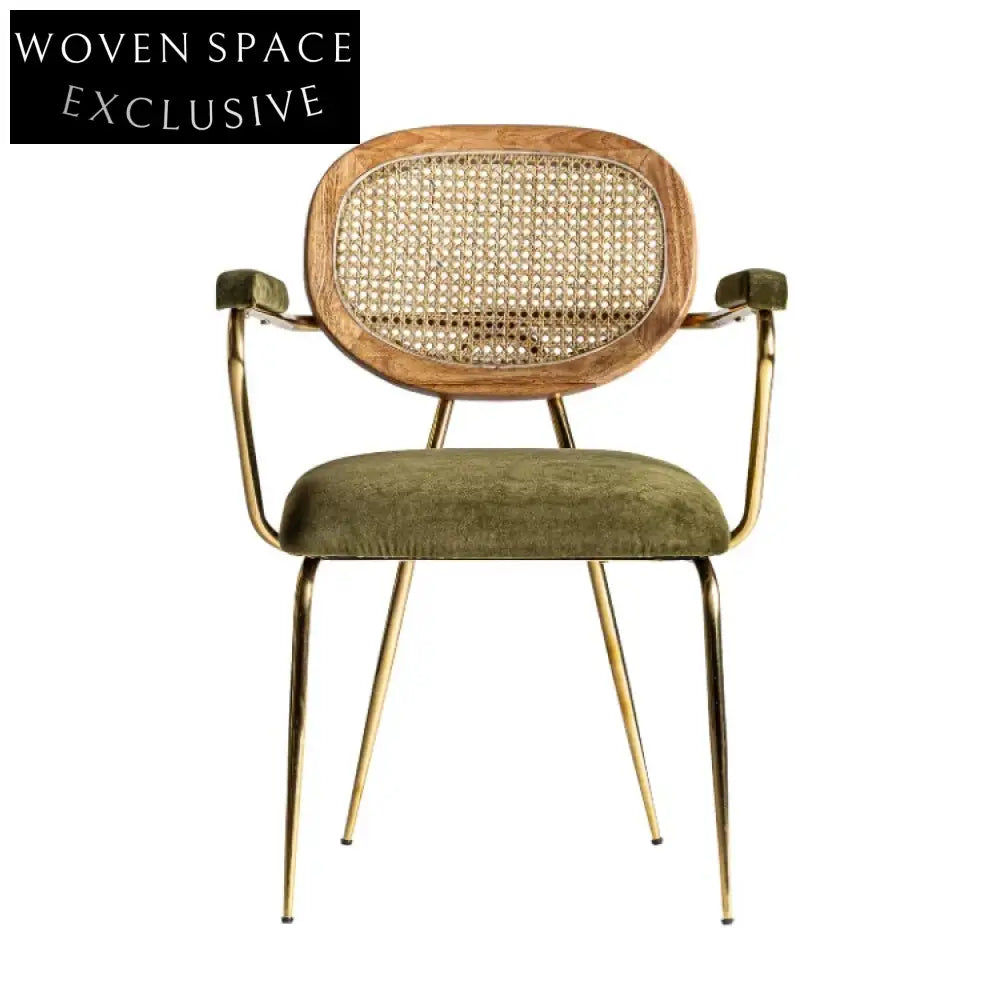 Modern Rattan Woven Fabric Metal Dining Armchair for Living Room & Restaurant