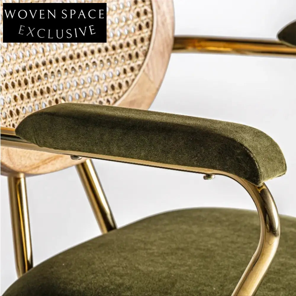 Modern Rattan Woven Fabric Metal Dining Armchair for Living Room & Restaurant