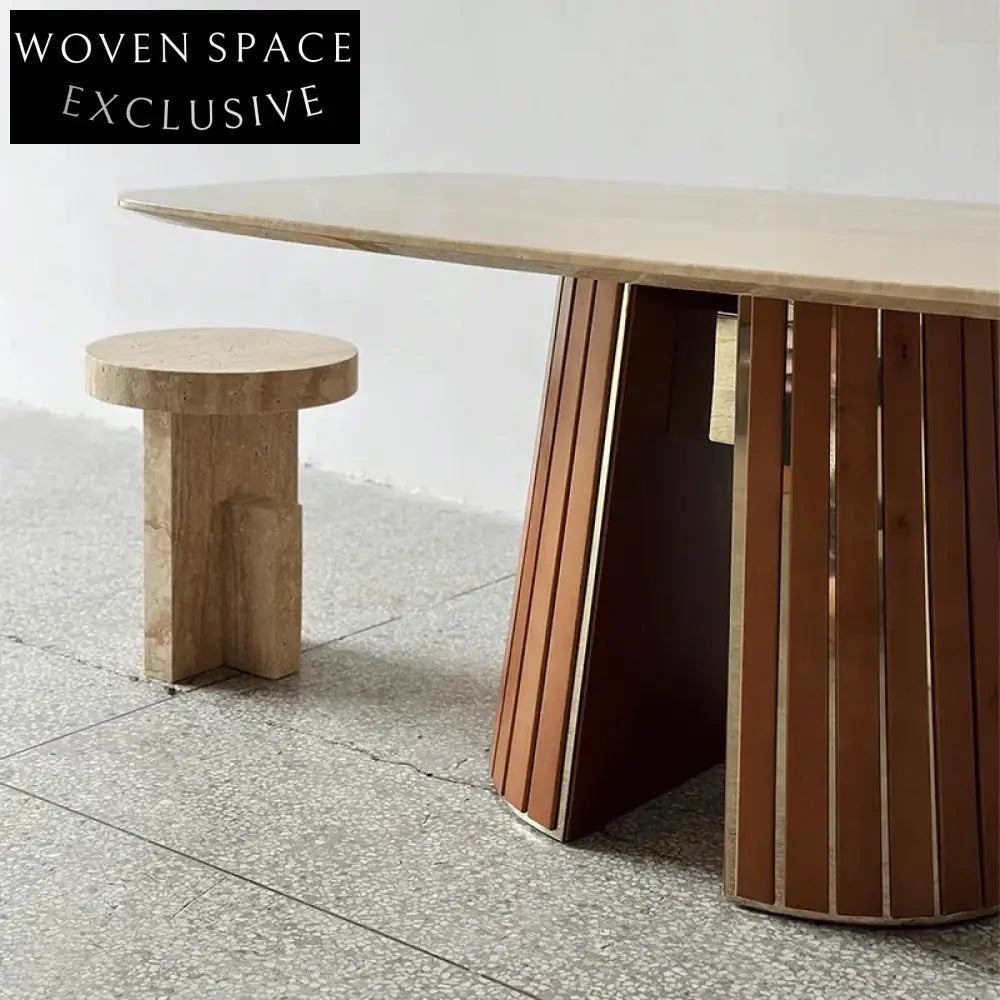 Modern Rectangle Marble Dining Table with Stainless Steel Base and Wood Veneer