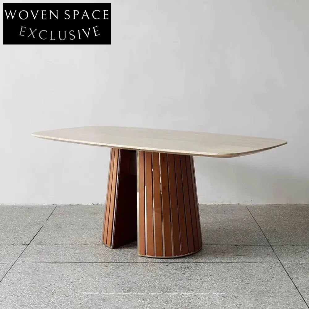 Modern Rectangle Marble Dining Table with Stainless Steel Base and Wood Veneer