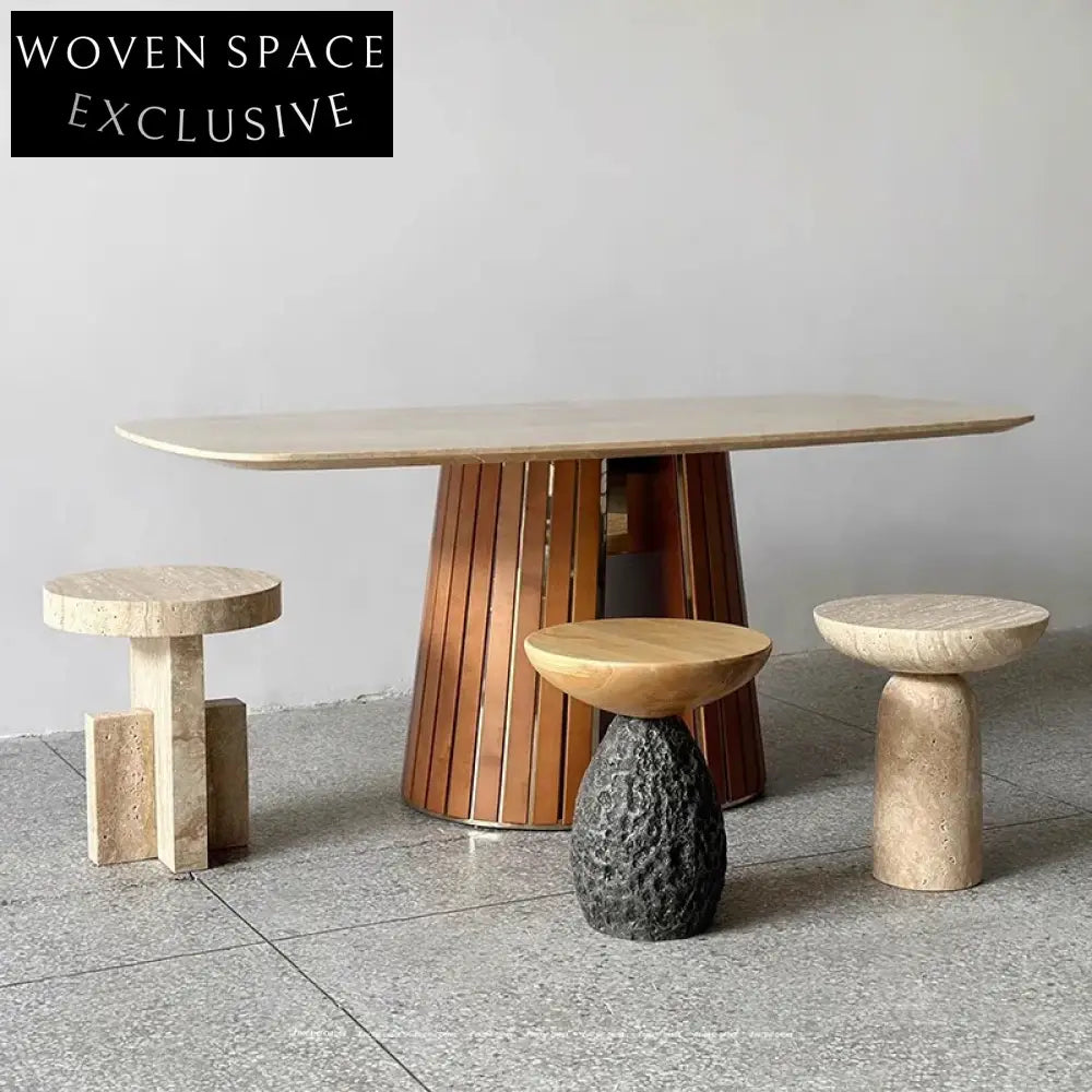 Modern Rectangle Marble Dining Table with Stainless Steel Base and Wood Veneer
