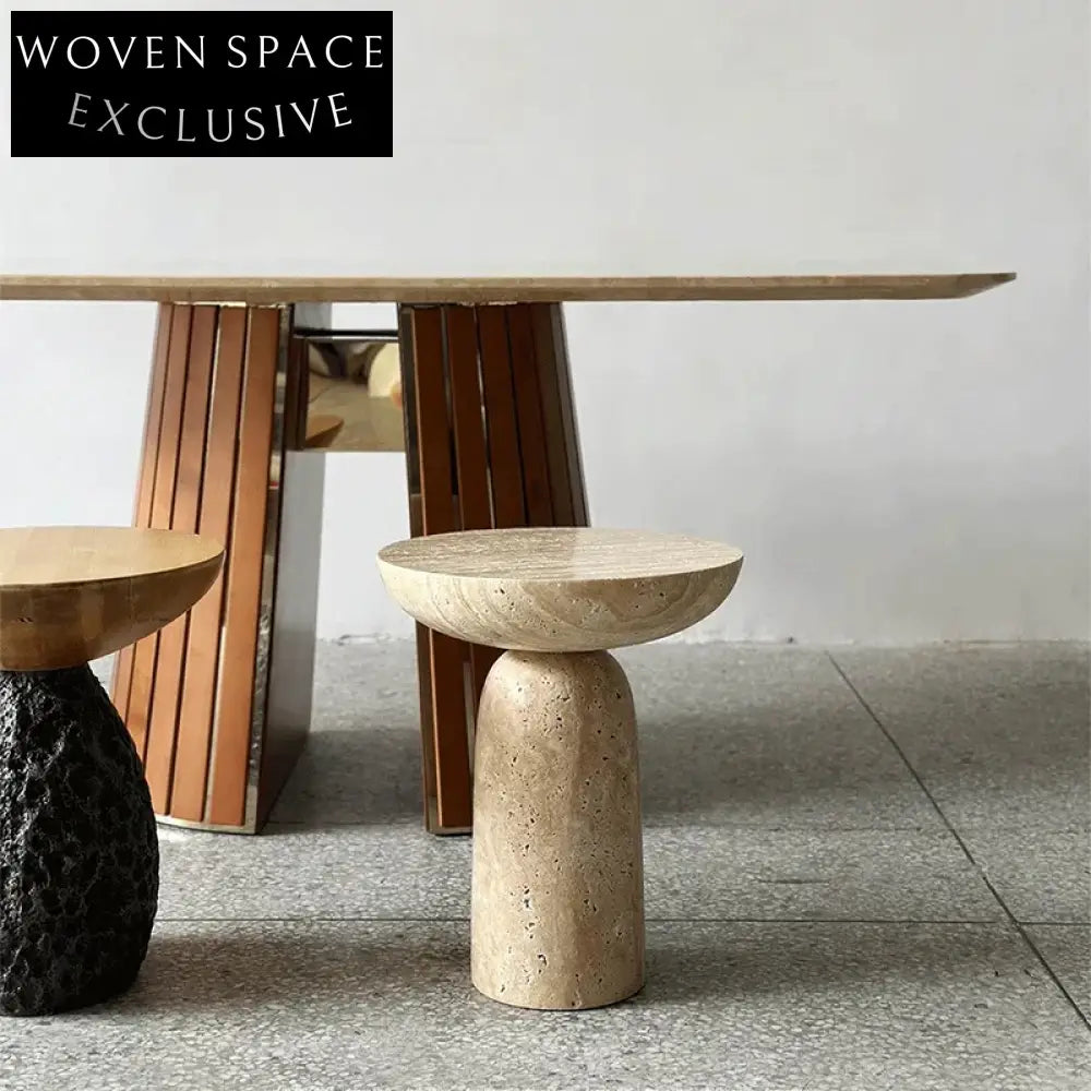 Modern Rectangle Marble Dining Table with Stainless Steel Base and Wood Veneer