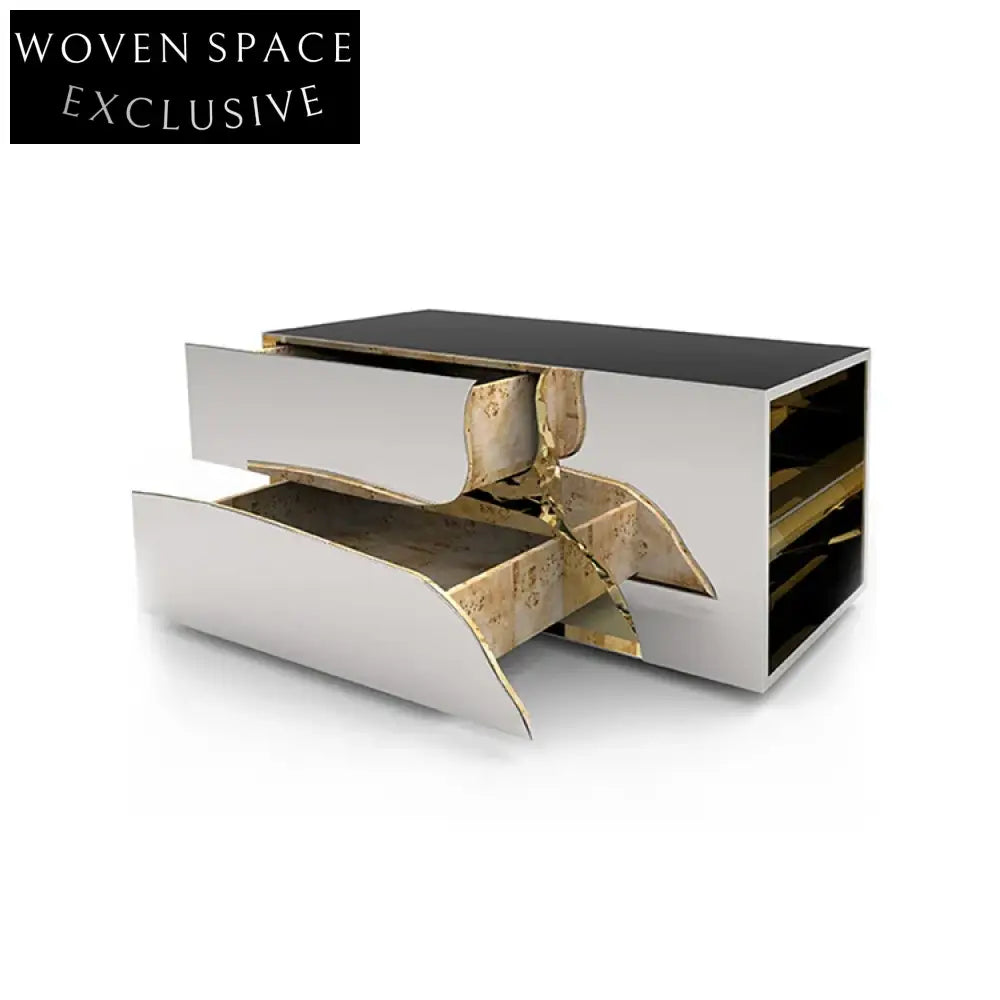 Modern Rectangle Solid Wood Frame Golden Crack Two-Drawer Accent Cabinet