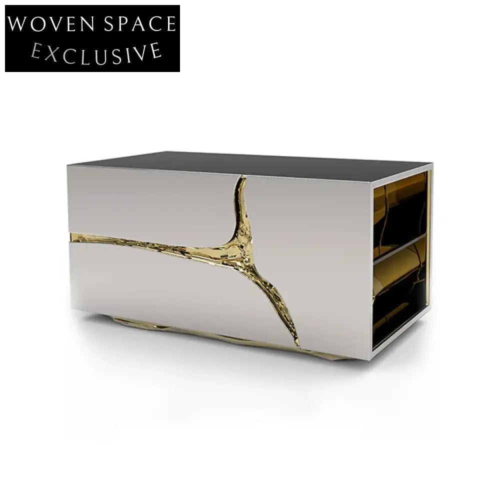 Modern Rectangle Solid Wood Frame Golden Crack Two-Drawer Accent Cabinet