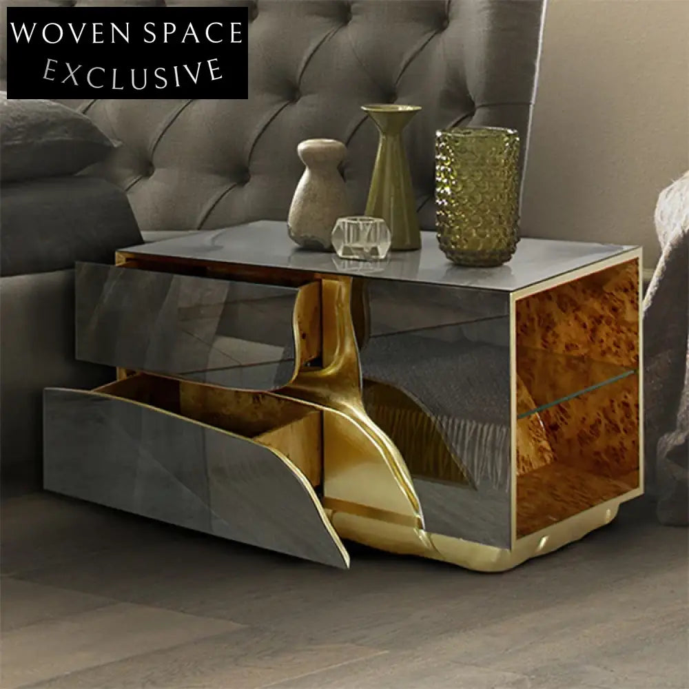 Modern Rectangle Solid Wood Frame Golden Crack Two-Drawer Accent Cabinet