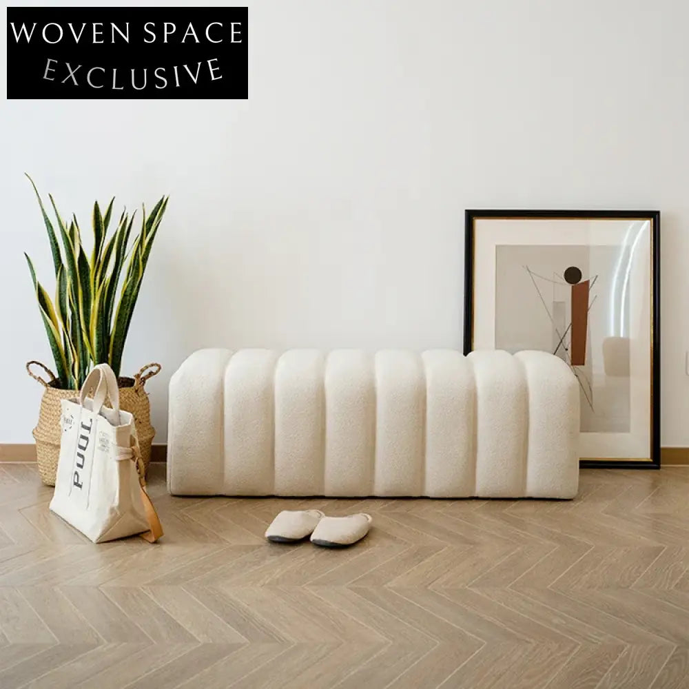 Modern Rectangle Wooden Caterpillar Ottoman, Soft Teddy Fabric Footrest Stool