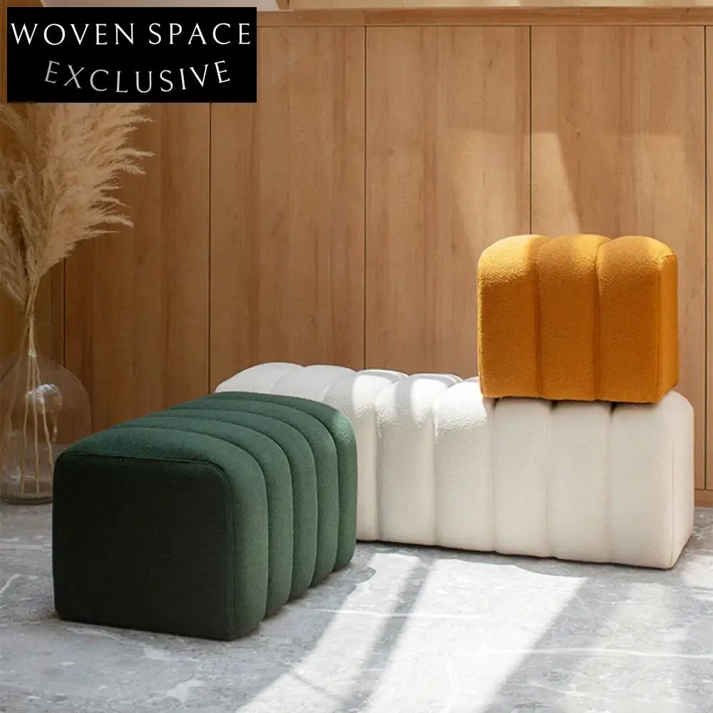 Modern Rectangle Wooden Caterpillar Ottoman, Soft Teddy Fabric Footrest Stool