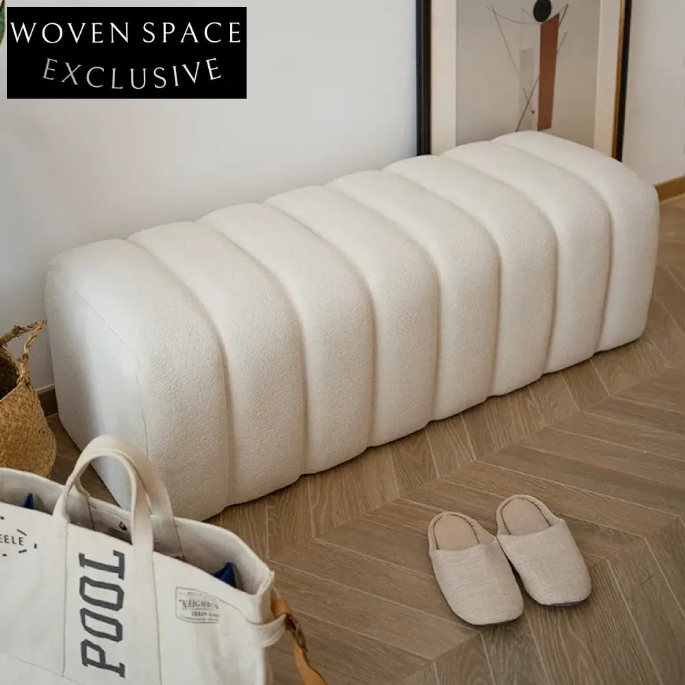 Modern Rectangle Wooden Caterpillar Ottoman, Soft Teddy Fabric Footrest Stool