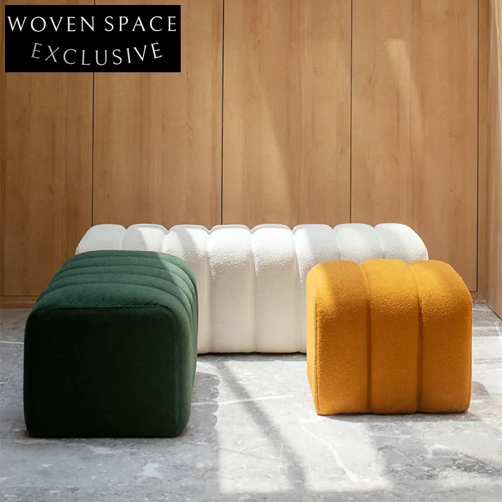 Modern Rectangle Wooden Caterpillar Ottoman, Soft Teddy Fabric Footrest Stool