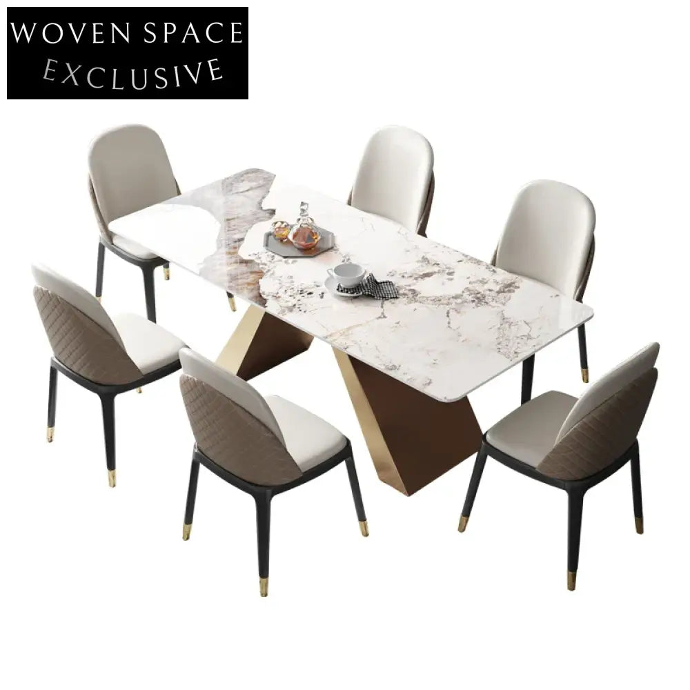 Modern Rectangular 6-Seat White Slate Top Metal Base Dining Table