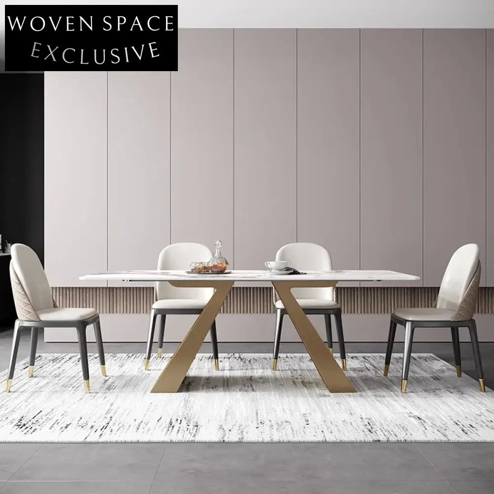 Modern Rectangular 6-Seat White Slate Top Metal Base Dining Table