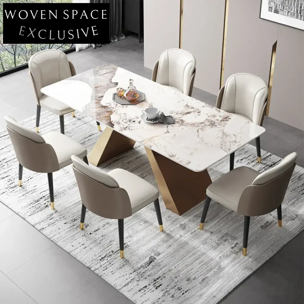 Modern Rectangular 6-Seat White Slate Top Metal Base Dining Table