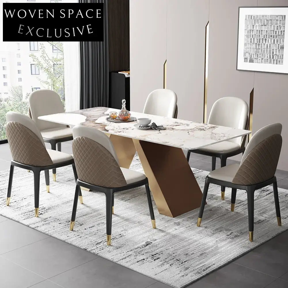 Modern Rectangular 6-Seat White Slate Top Metal Base Dining Table