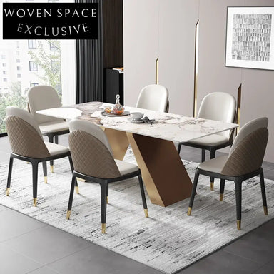 Modern Rectangular 6-Seat White Slate Top Metal Base Dining Table