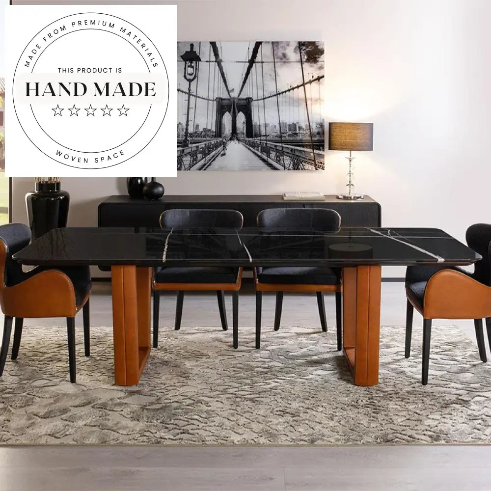 Modern Rectangular Natural Marble and Leather Luxury Dining Table Set