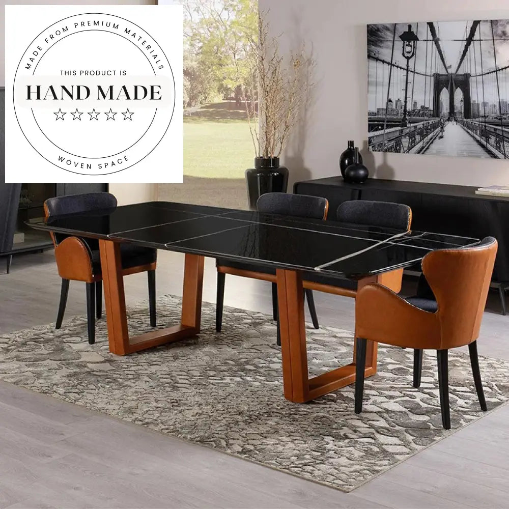 Modern Rectangular Natural Marble and Leather Luxury Dining Table Set
