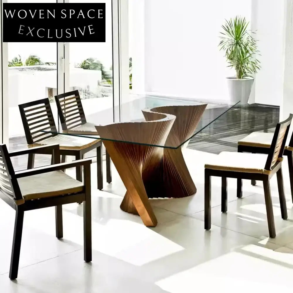 Modern Rectangular Tempered Glass Dining Table with Solid Oak Wood Legs