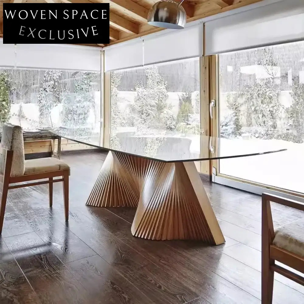 Modern Rectangular Tempered Glass Dining Table with Solid Oak Wood Legs