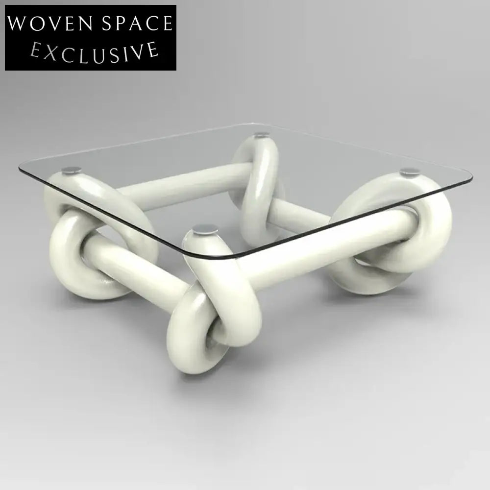 Modern Rope Knot Design Square Glass Top Fiberglass Base Coffee Table