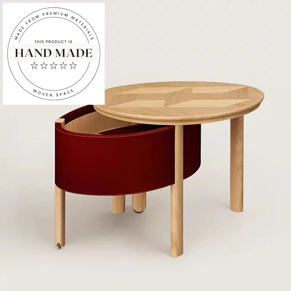 Modern Round Barenia Leather and Solid Wood Mobile Side Table