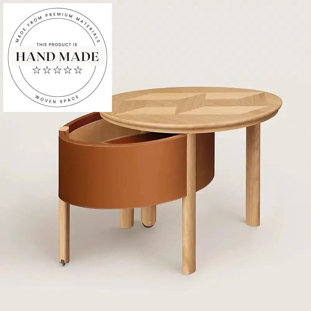 Modern Round Barenia Leather and Solid Wood Mobile Side Table