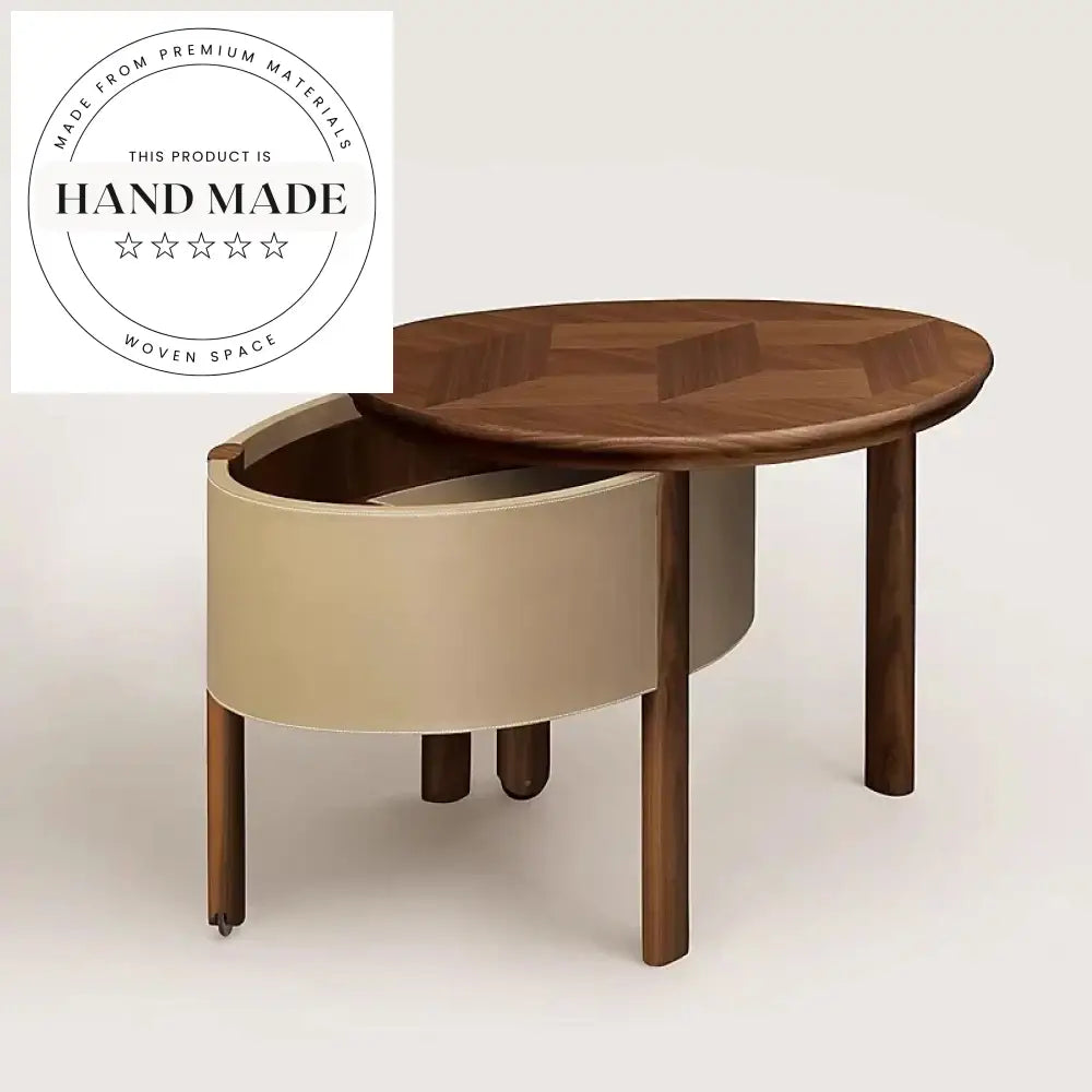 Modern Round Barenia Leather and Solid Wood Mobile Side Table