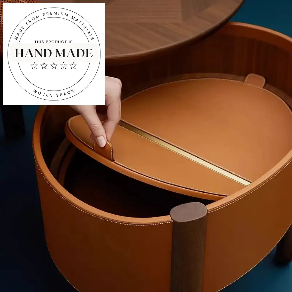 Modern Round Barenia Leather and Solid Wood Mobile Side Table