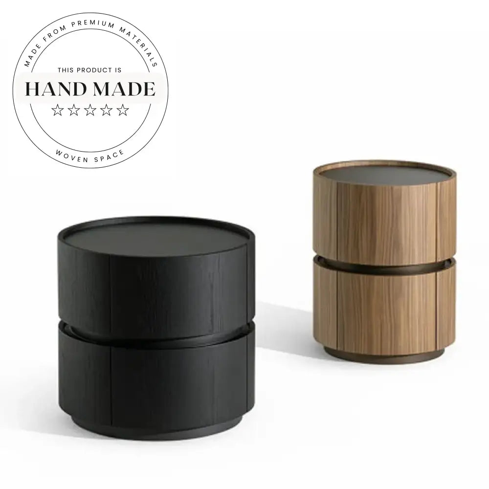 Modern Round Black Wood Creative Two Drawer Bedside Nightstand