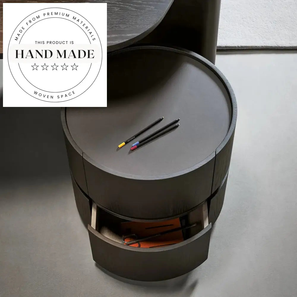 Modern Round Black Wood Creative Two Drawer Bedside Nightstand
