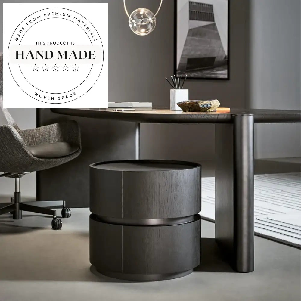 Modern Round Black Wood Creative Two Drawer Bedside Nightstand