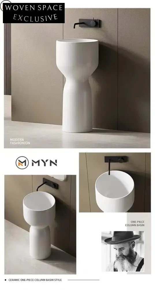 Modern Round Ceramic Pedestal Bathroom Wash Basin Sink Floor Mounted