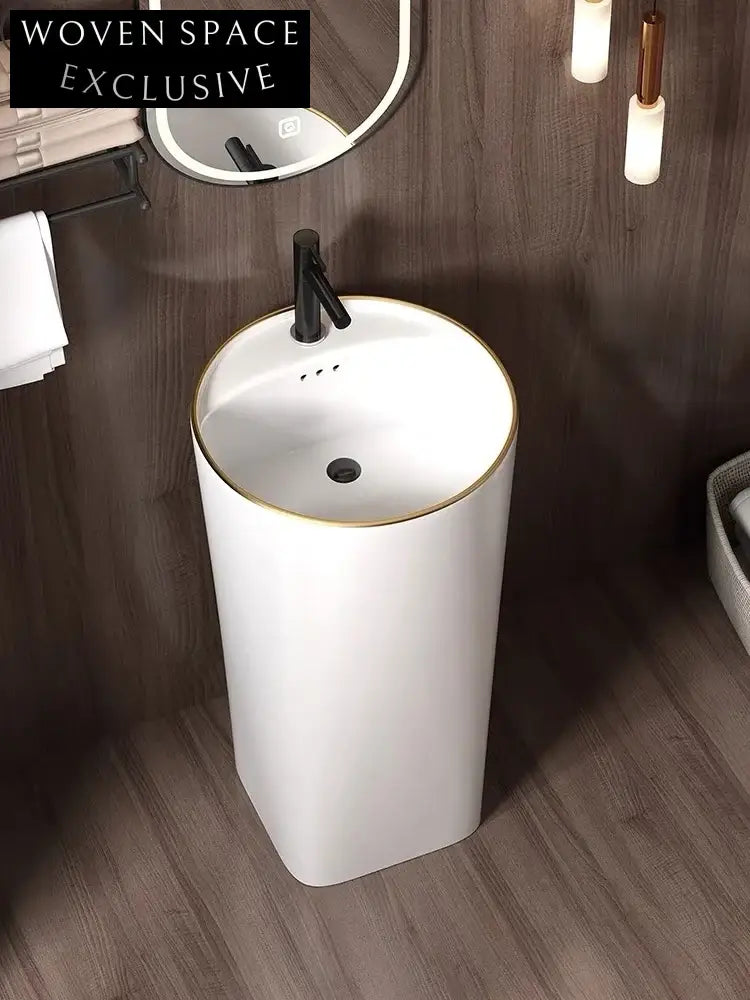 Modern Round Ceramic Pedestal Bathroom Wash Basin Sink Floor Mounted