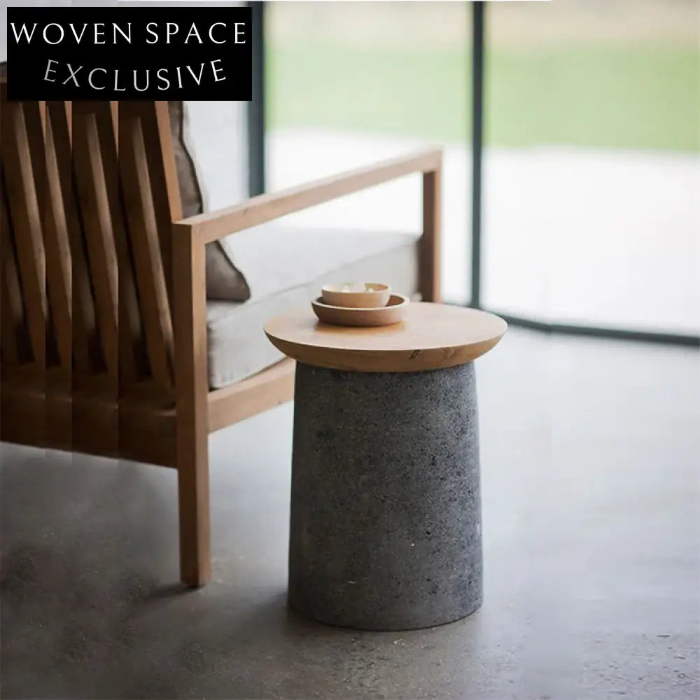 Modern Round Concrete Wood Top Living Room Accent End Coffee Table