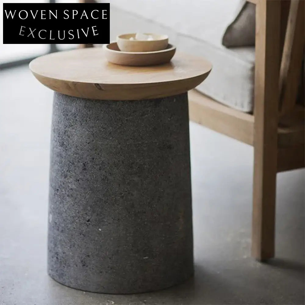 Modern Round Concrete Wood Top Living Room Accent End Coffee Table